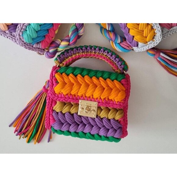 Women's Handmade Crochet Multi Evening Small Formal Flap Clutch Crossbody Bag - Picture 5 of 6